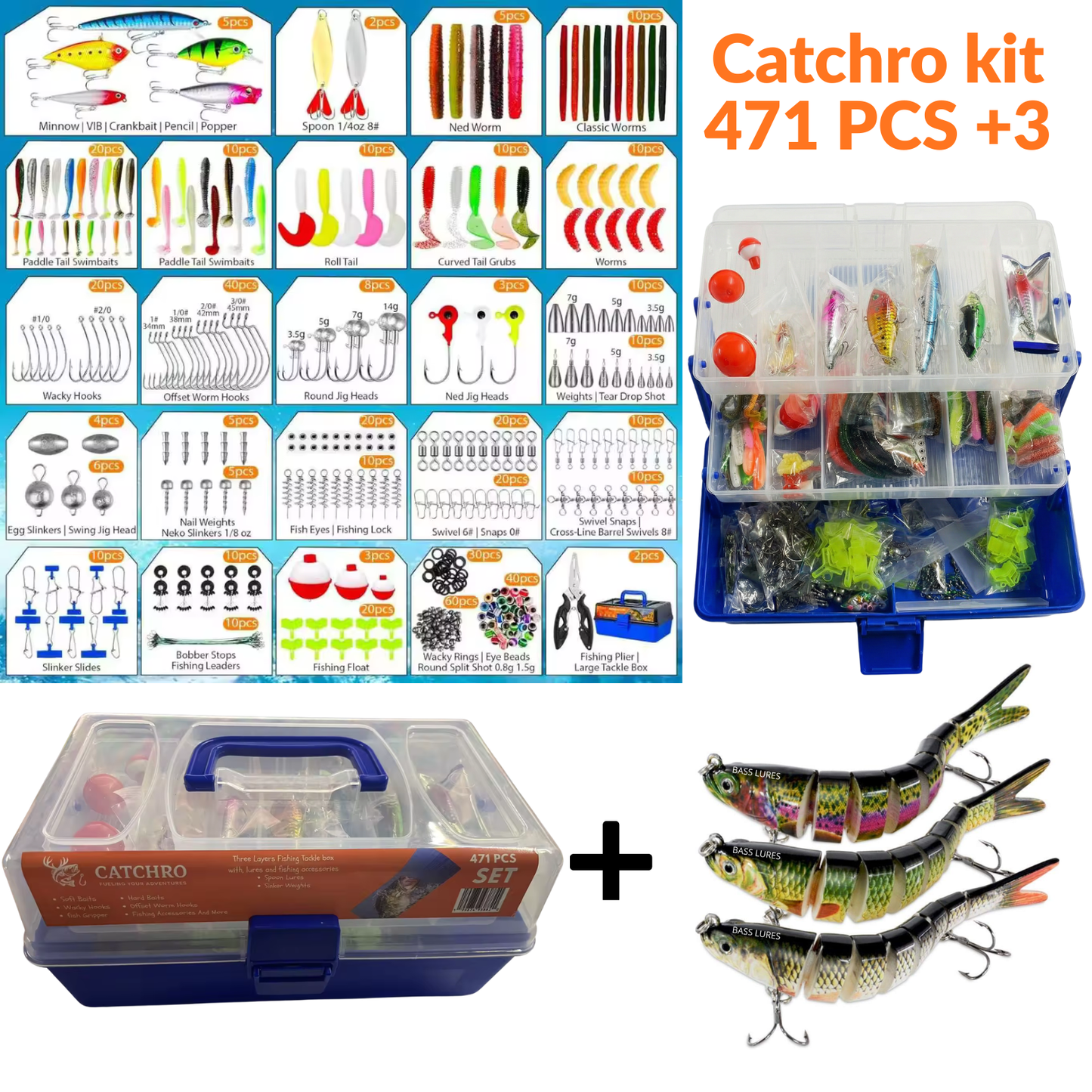 CATCHRO Fishing Tackle Box 471PCS with Bass Fishing Lures & 3 Multi Jointed Swimbaits, Large Tackle Box with Soft Plastic Baits