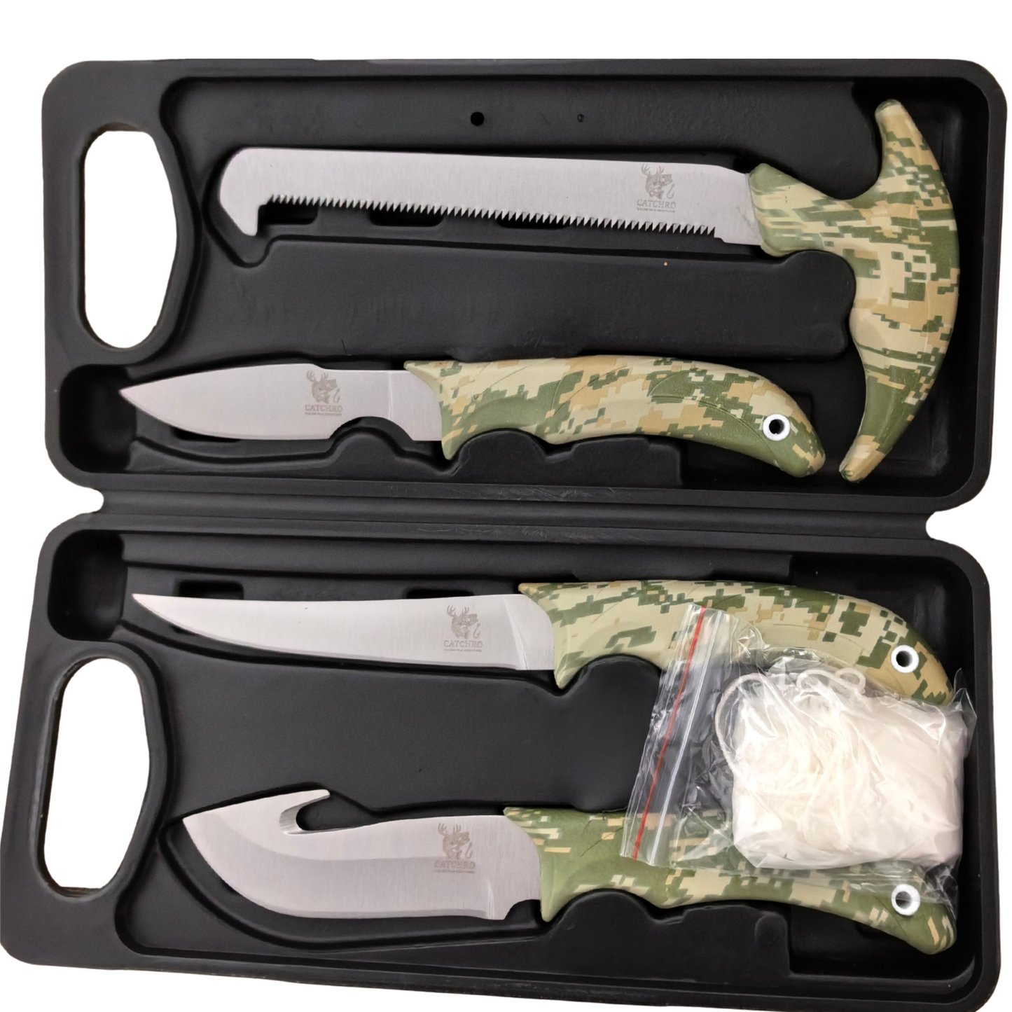 CATCHRO Hunting Knife Set 4 PCS Deer Gutting Kit with Bone Saw, Skinning Knife & Gut Hook Knife – Outdoor Knife Set with Gloves & Case, Survival Knife, Hunting Gear