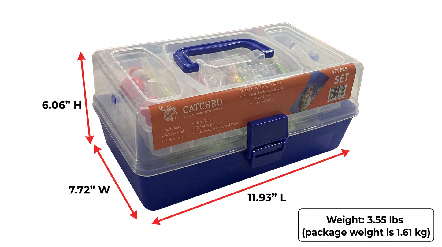 CATCHRO Fishing Tackle Box 471PCS with Bass Fishing Lures & 3 Multi Jointed Swimbaits, Large Tackle Box with Soft Plastic Baits