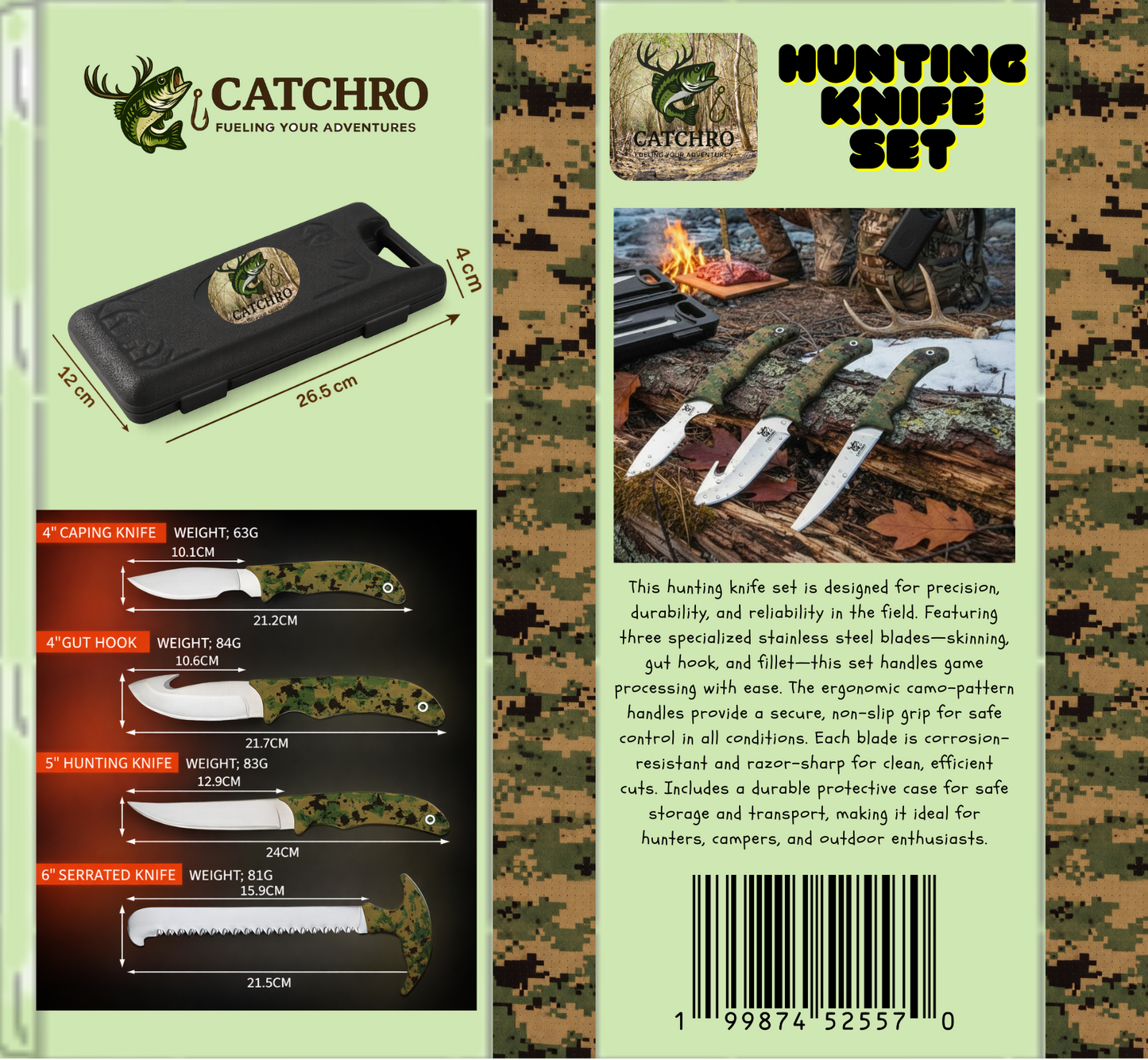 CATCHRO Hunting Knife Set 4 PCS Deer Gutting Kit with Bone Saw, Skinning Knife & Gut Hook Knife – Outdoor Knife Set with Gloves & Case, Survival Knife, Hunting Gear