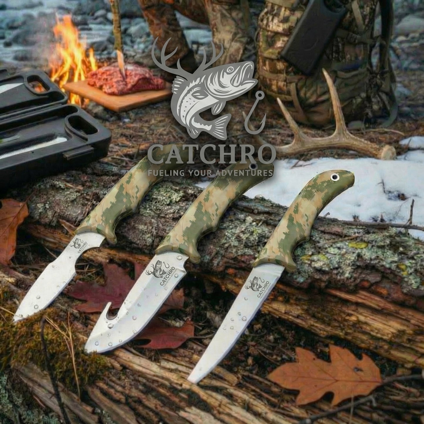 CATCHRO Hunting Knife Set 4 PCS Deer Gutting Kit with Bone Saw, Skinning Knife & Gut Hook Knife – Outdoor Knife Set with Gloves & Case, Survival Knife, Hunting Gear
